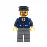 LEGO trn222 - (Dark Blue Suit with Train Logo, Dark Bluish Gray Legs, Black Hat, Beard and Glasses)